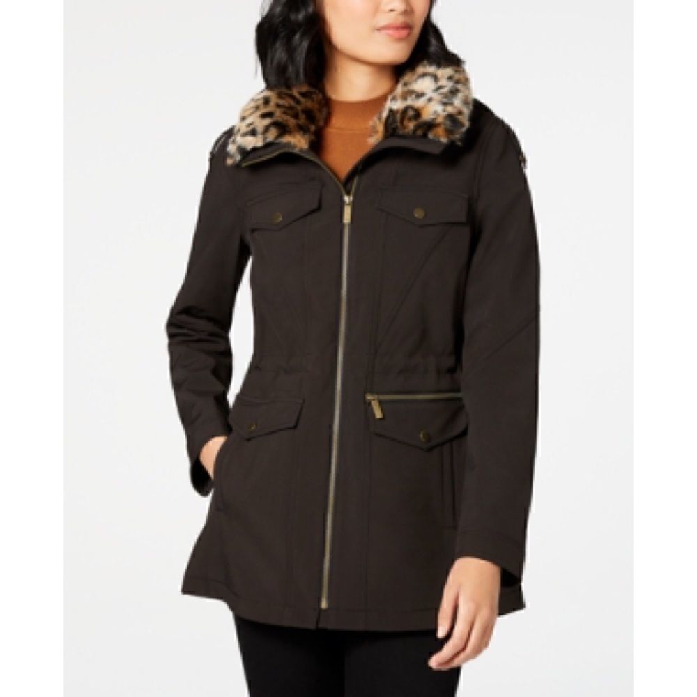 French Connection Leopard Faux Fur Trim Hooded Black Raincoat Size Small NWT